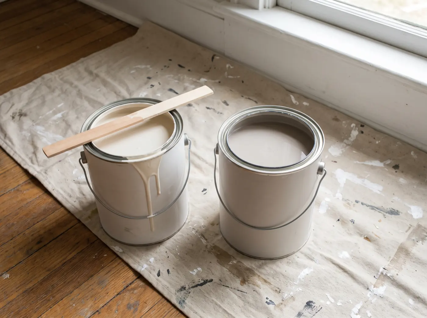 Two open one-gallon cans of warm white and greige paint on a canvas drop cloth beside a window