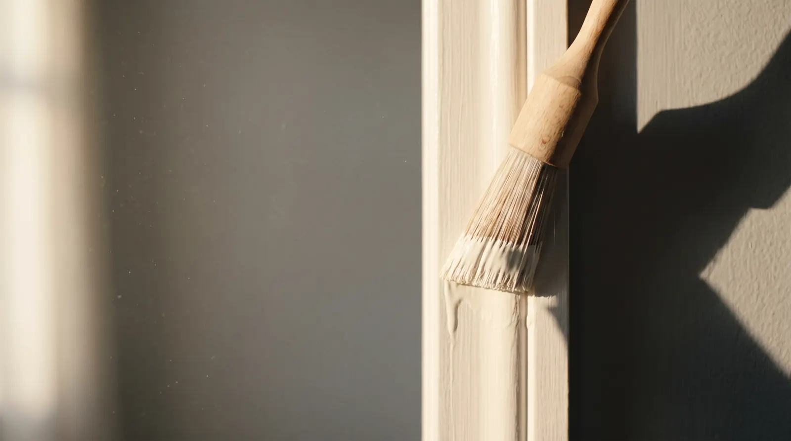 A sash brush laying a crisp cut-in line of warm white paint along door trim against a soft grey wall