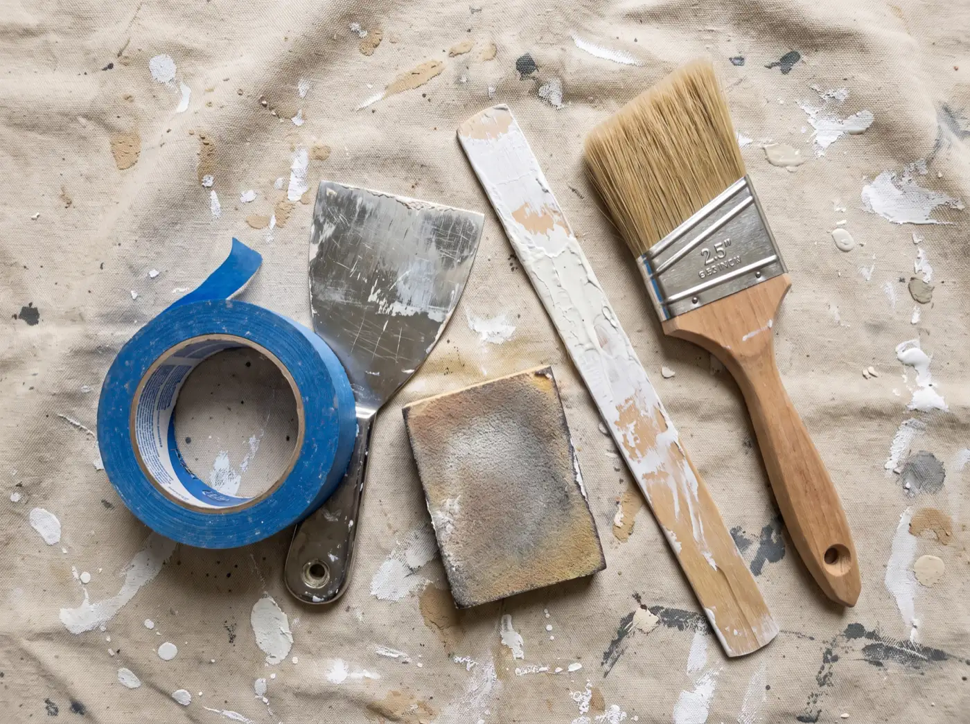 Painter's tape, a putty knife, sanding sponge, stir stick and sash brush laid out on a paint-spattered canvas drop cloth