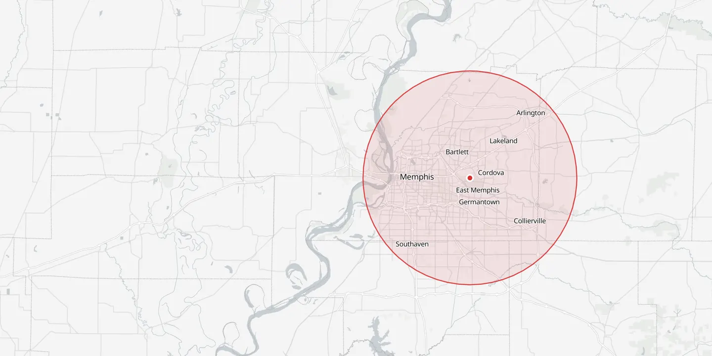 Map of the Memphis area with our service area circled in red: Memphis, Bartlett, Cordova, Germantown, Collierville, Arlington, Lakeland and Southaven