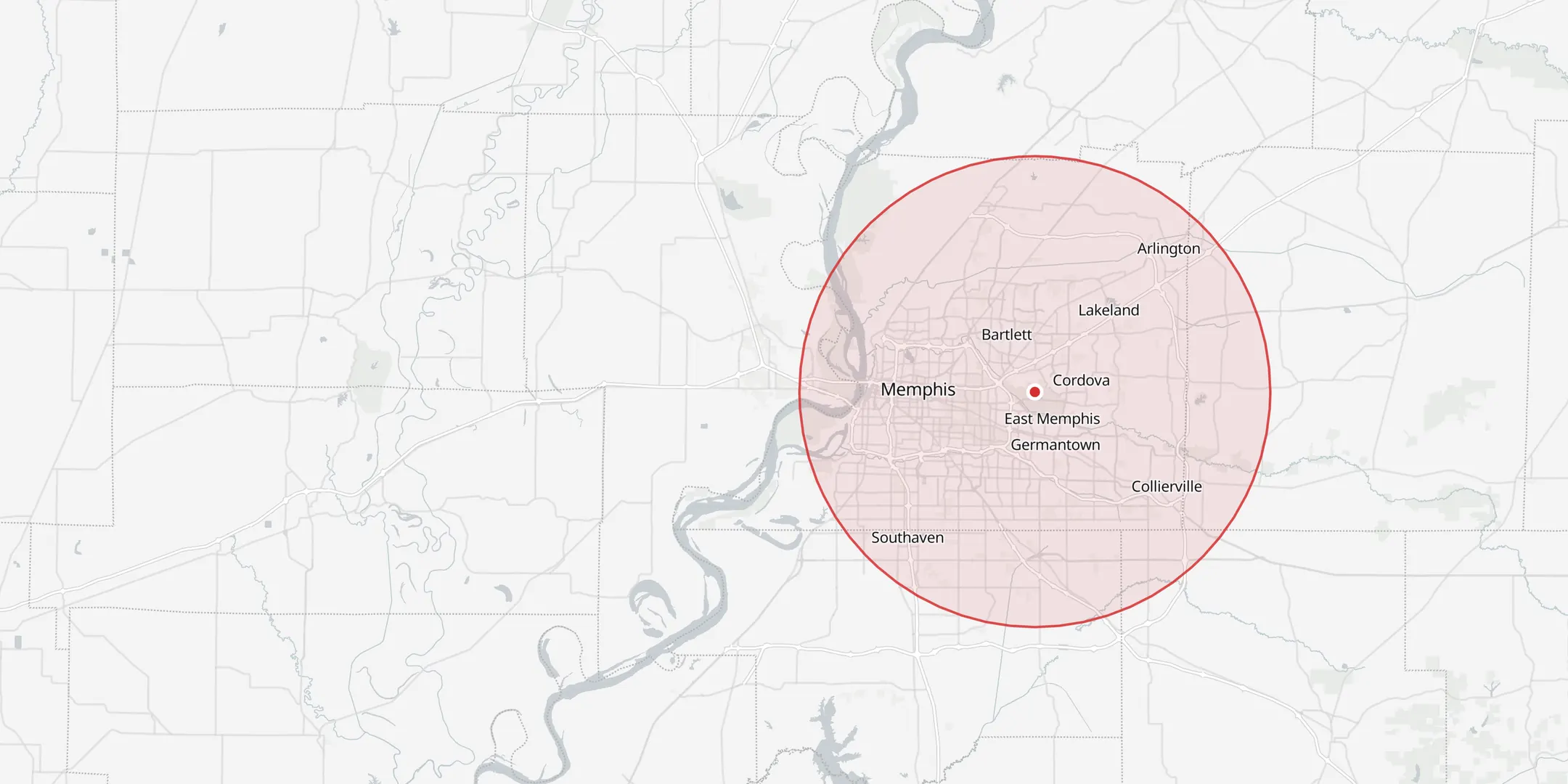 Map of the Memphis area with our service area circled in red: Memphis, Bartlett, Cordova, Germantown, Collierville, Arlington, Lakeland and Southaven
