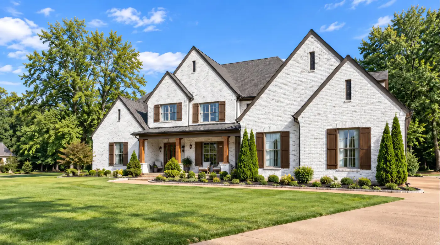 A two-story house in white-painted brick with dark shutters and a wide green lawn