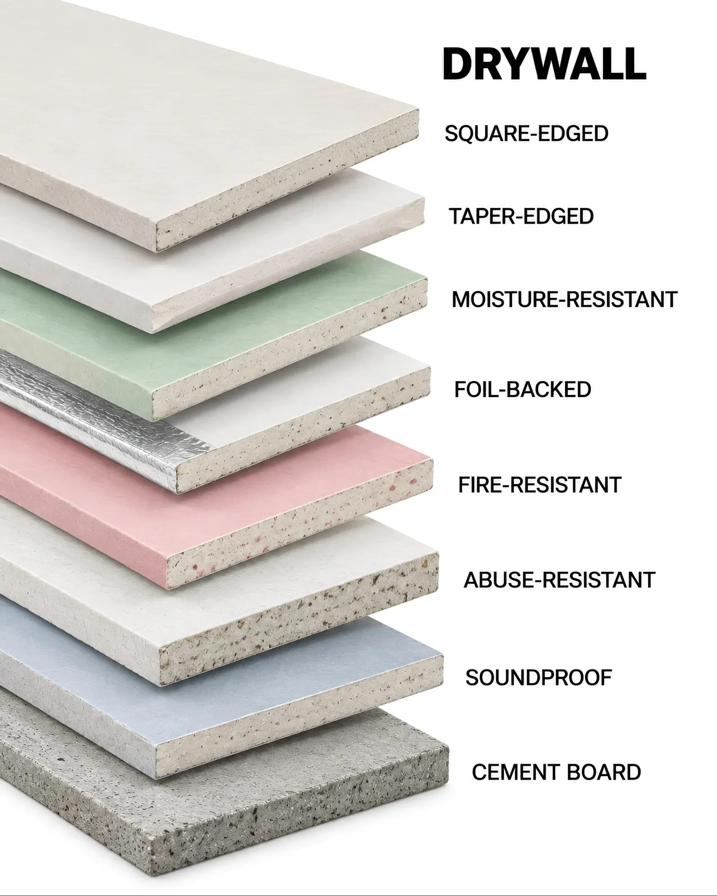 Chart of drywall types as stacked sheets: square-edged, taper-edged, moisture-resistant, foil-backed, fire-resistant, abuse-resistant, soundproof and cement board