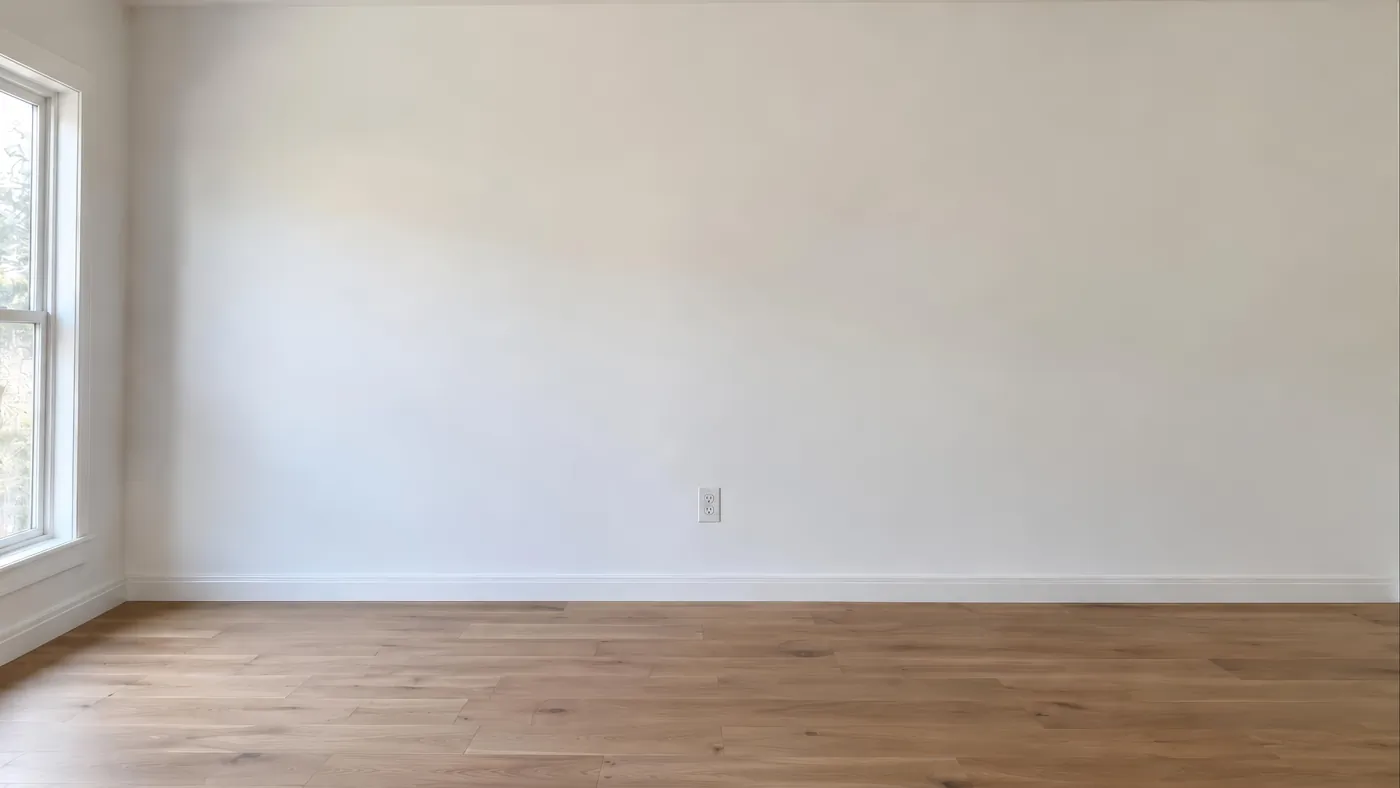 A freshly painted empty room with white walls and a wood floor