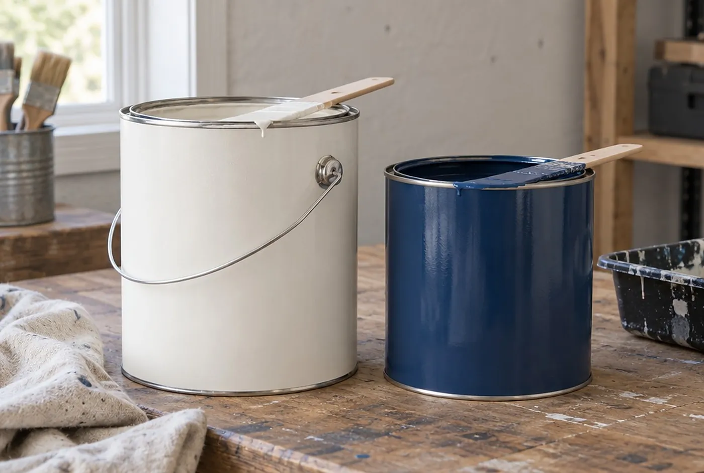 Two plain gallon cans side by side on a workbench, lids off, one warm white and one deep blue