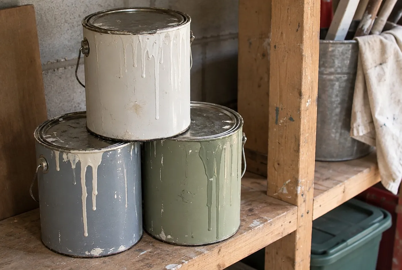 A garage shelf of plain gallon paint cans with dried drips of white, grey and sage green