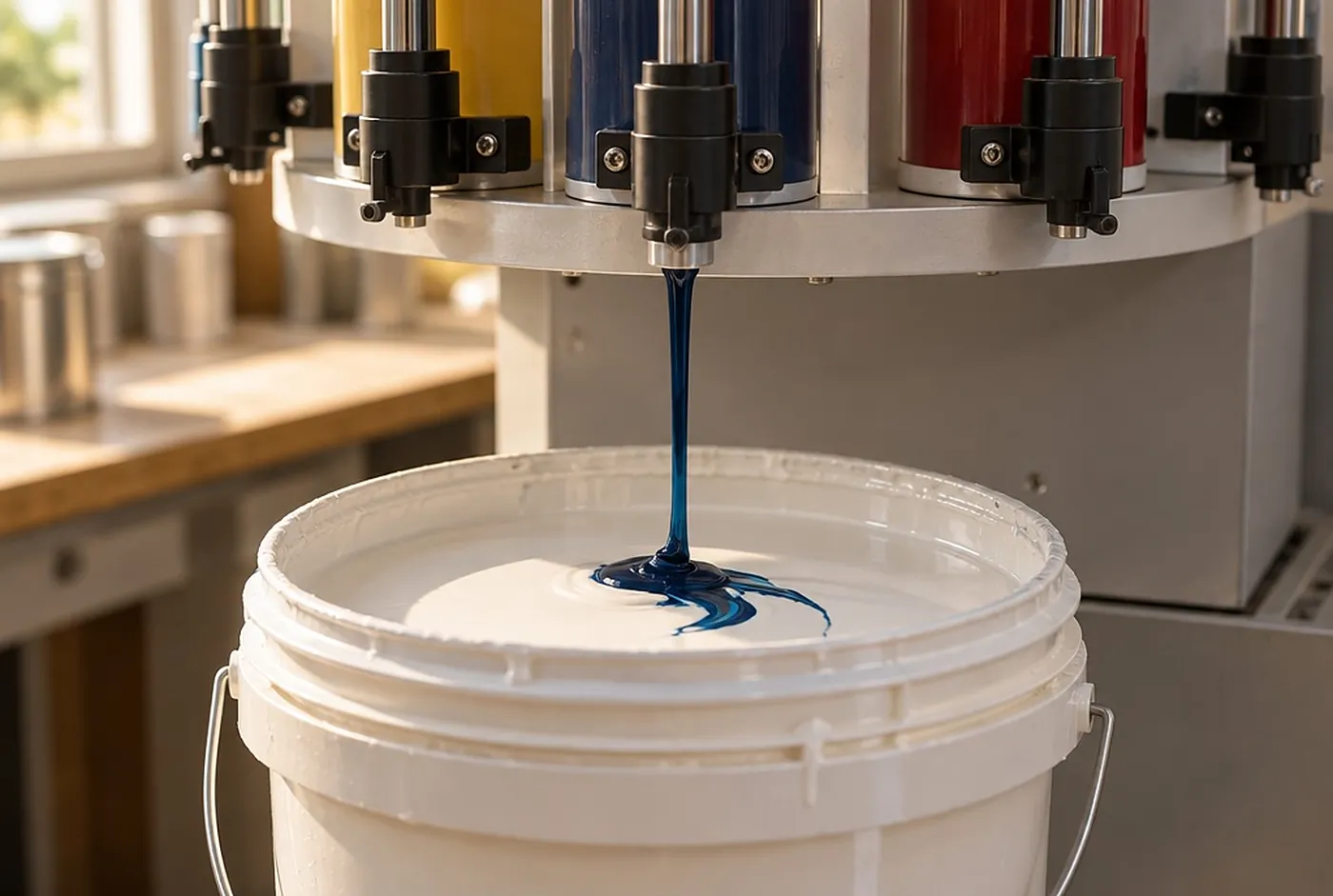 A tinting machine nozzle adding colorant to an open bucket of white paint