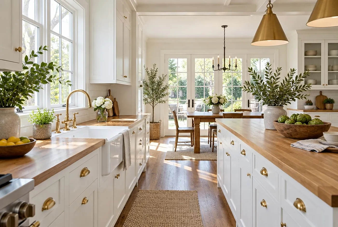 A bright kitchen with shaker cabinets painted soft white, brass pulls and butcher-block counters