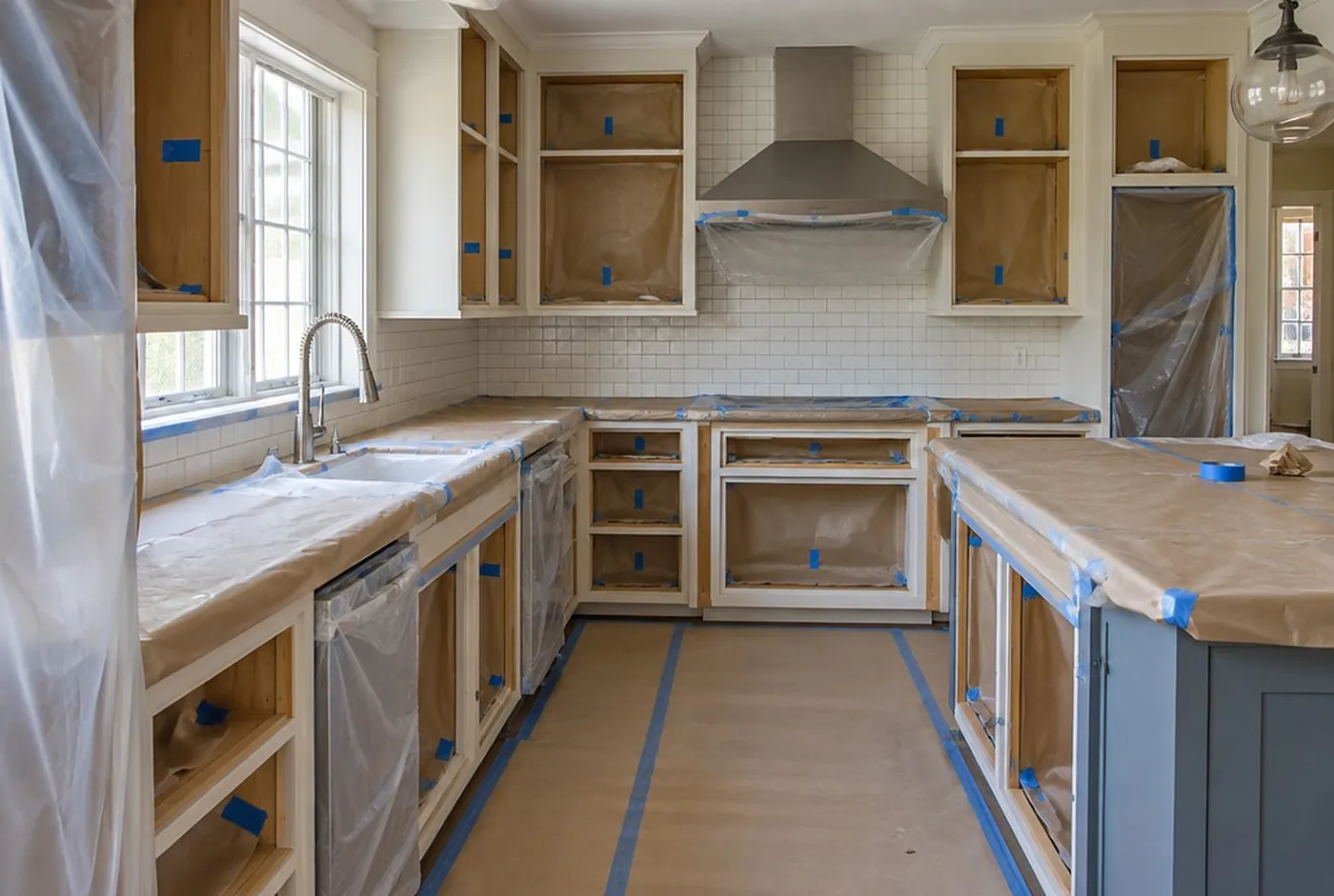 A kitchen with the cabinet doors removed, counters masked and blue tape marking each opening