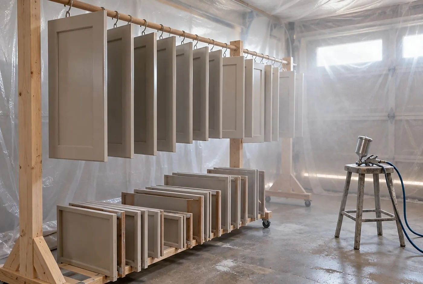 Freshly sprayed cabinet doors in a drying rack inside a plastic-lined spray booth