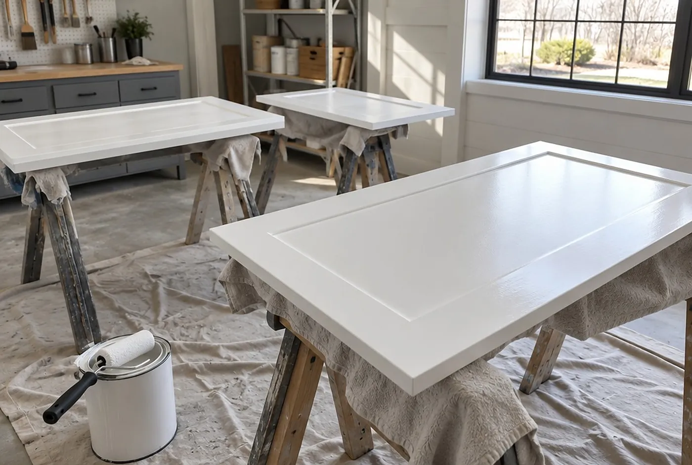 Cabinet doors painted white, laid flat on sawhorses in a clean workshop