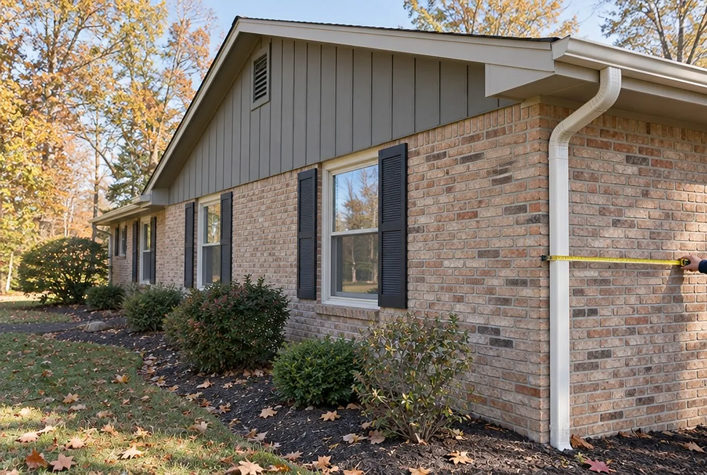 The gable end of a brick ranch house with a tape measure along the brick