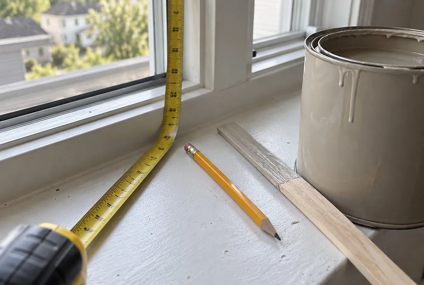 A tape measure along a windowsill beside an open gallon of greige paint