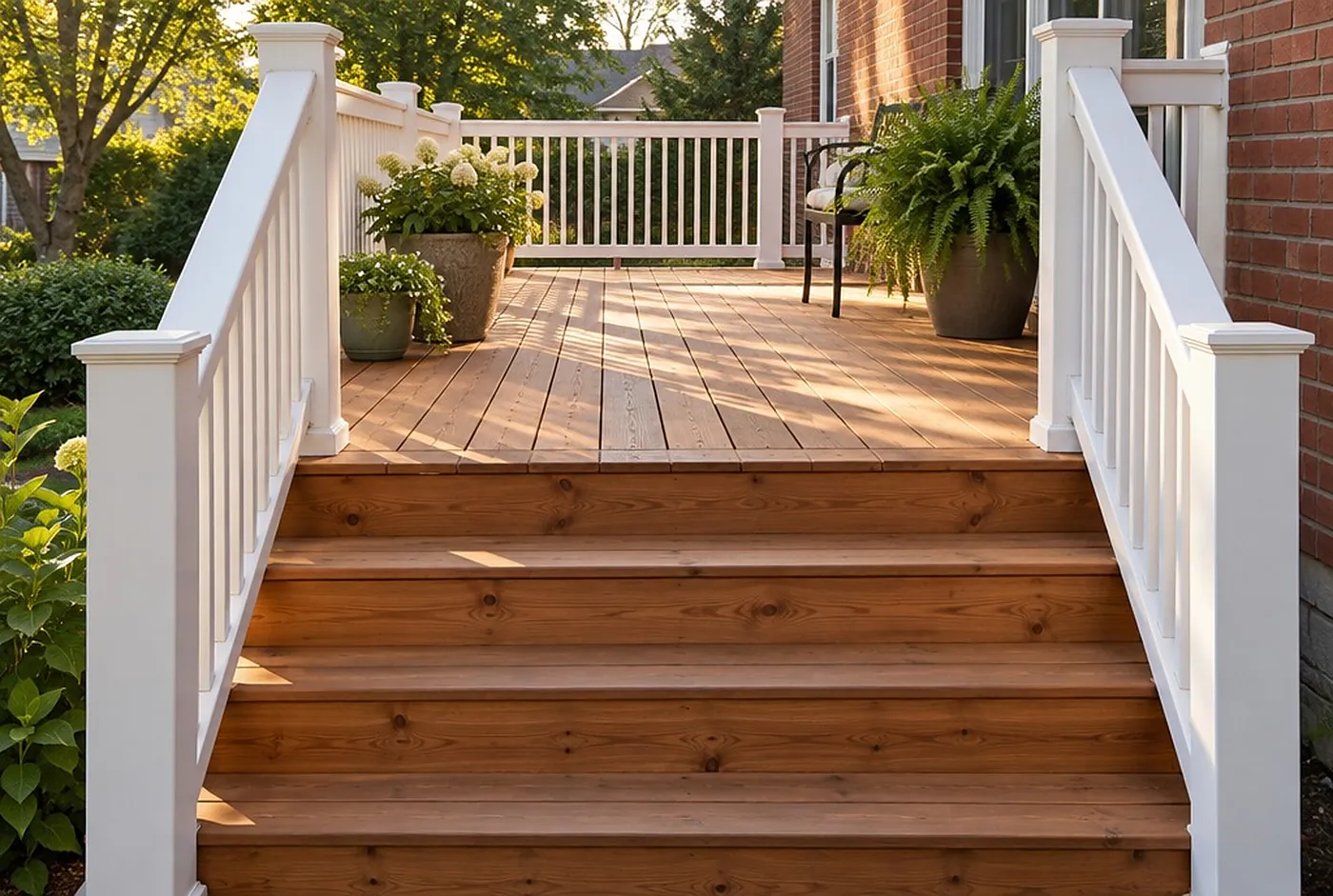 A freshly stained cedar deck with white railings behind a brick house