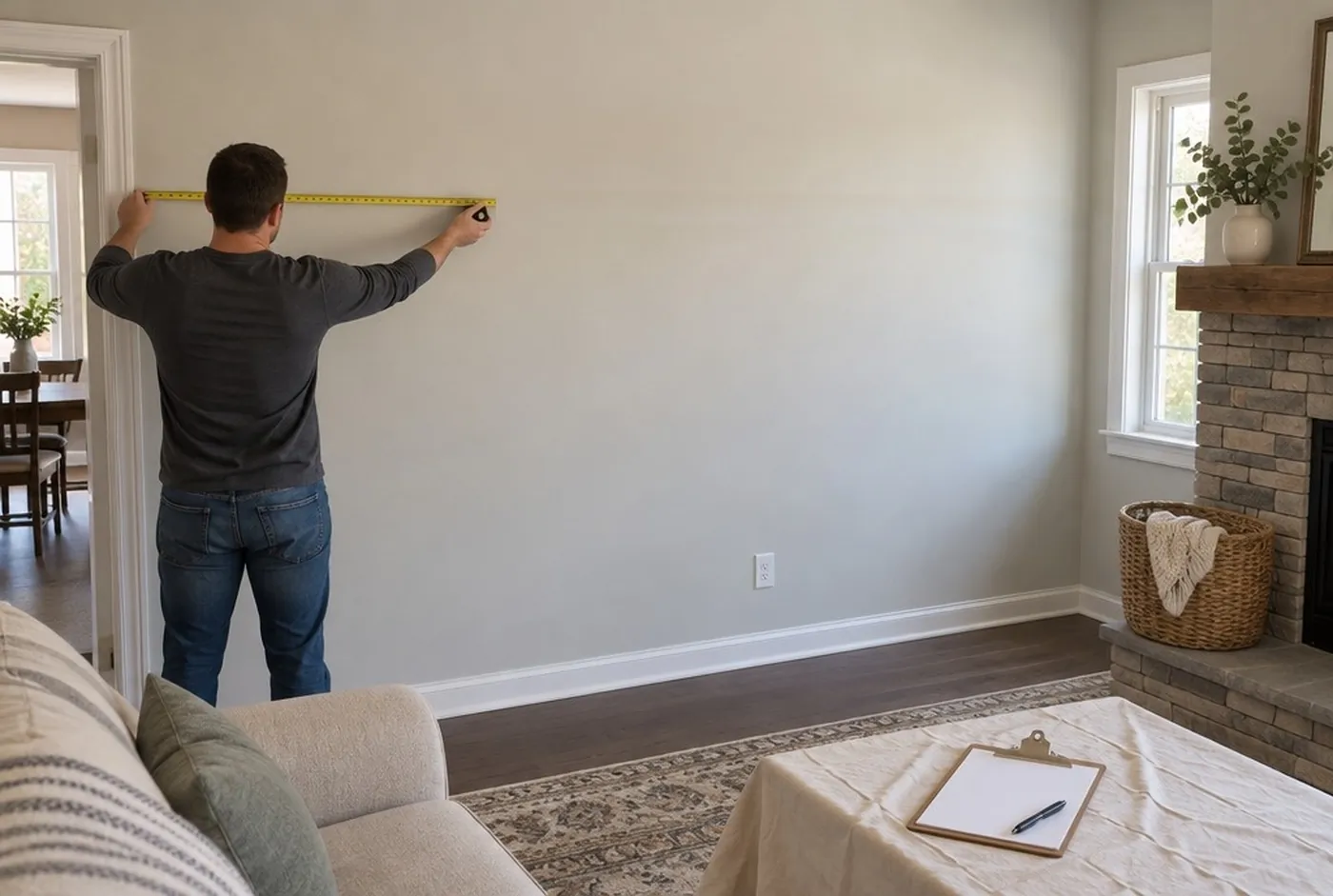 Someone measuring a living room wall with a tape measure, a clipboard on a drop cloth nearby