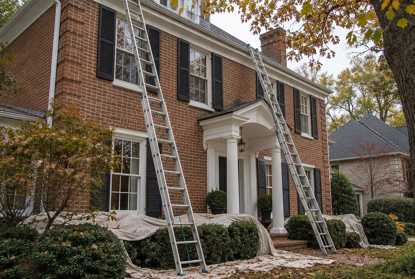 A two-story brick house with white trim and black shutters, ladders against the eaves and drop cloths over the shrubs