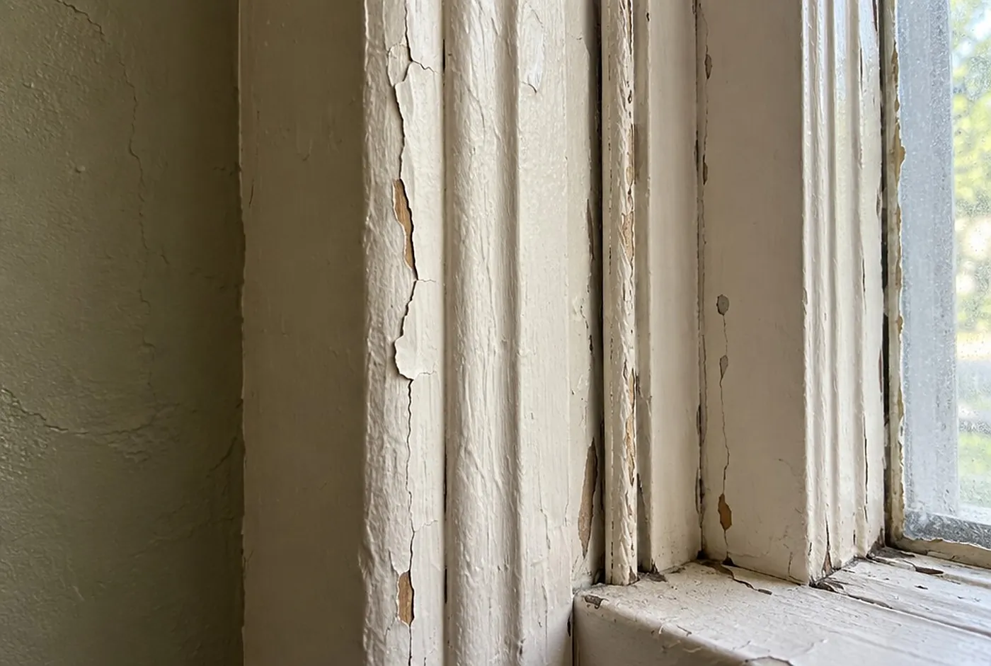 Old painted wood window trim with layers of paint, hairline cracks and a few peeling flakes beside a plaster wall