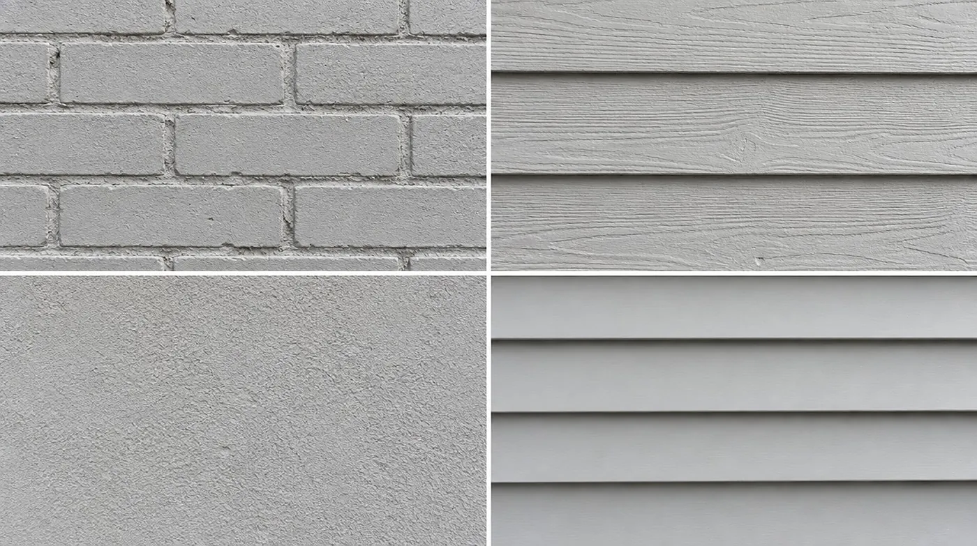 Four exterior surfaces painted the same grey: brick, wood lap siding, stucco and vinyl siding