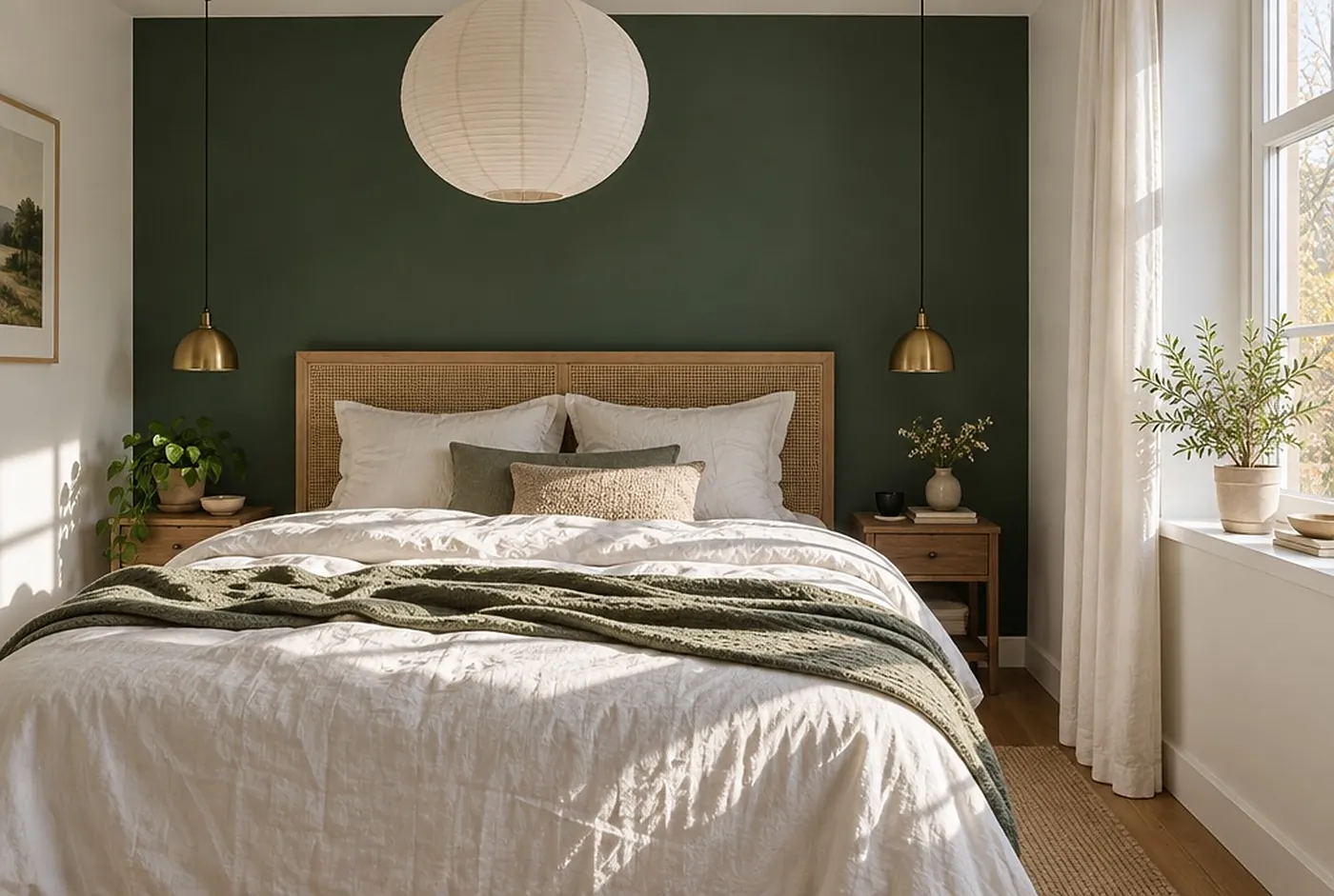 A deep green accent wall behind a bed with white linen