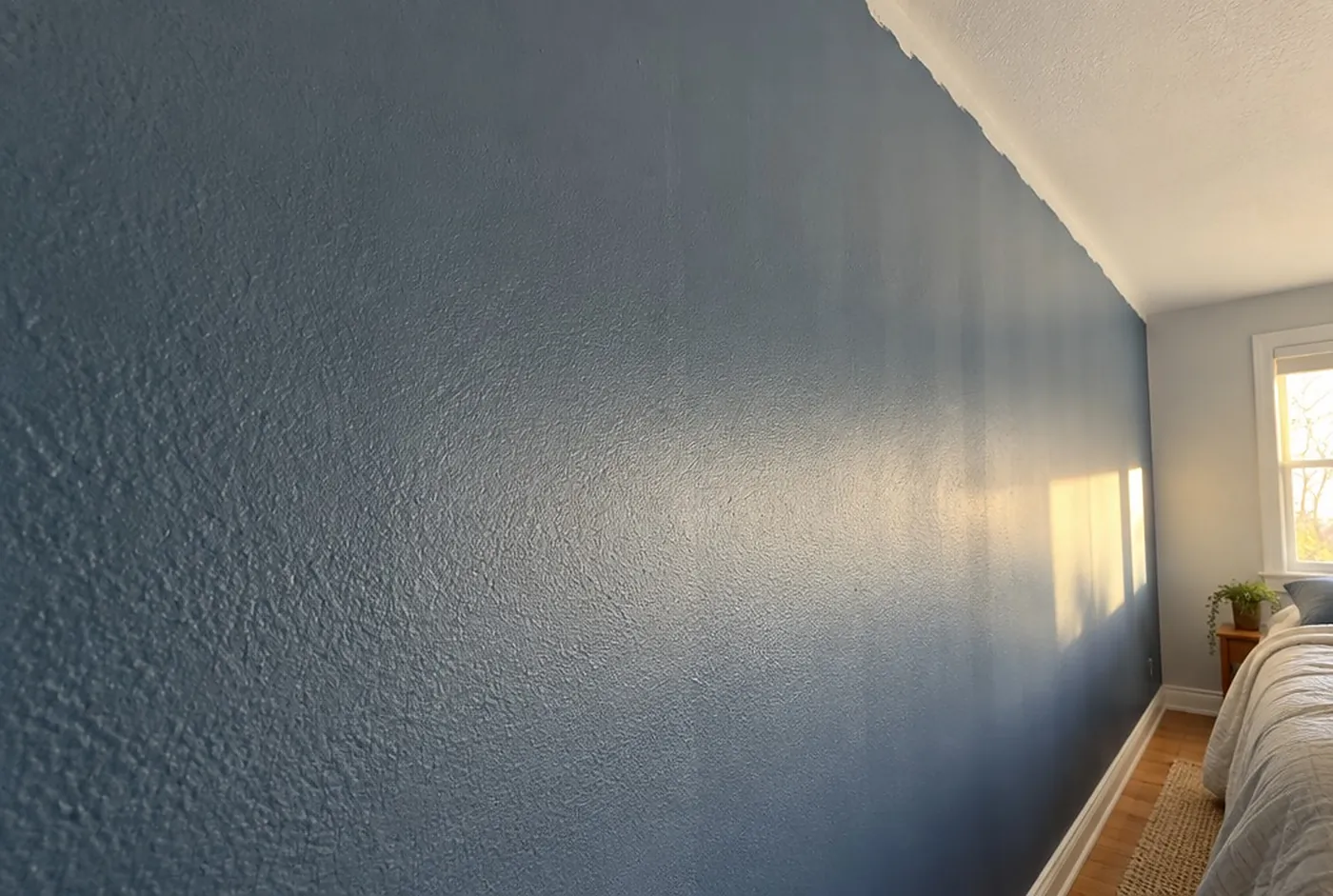 A wall with roller lap marks and a wavy cut line at the ceiling