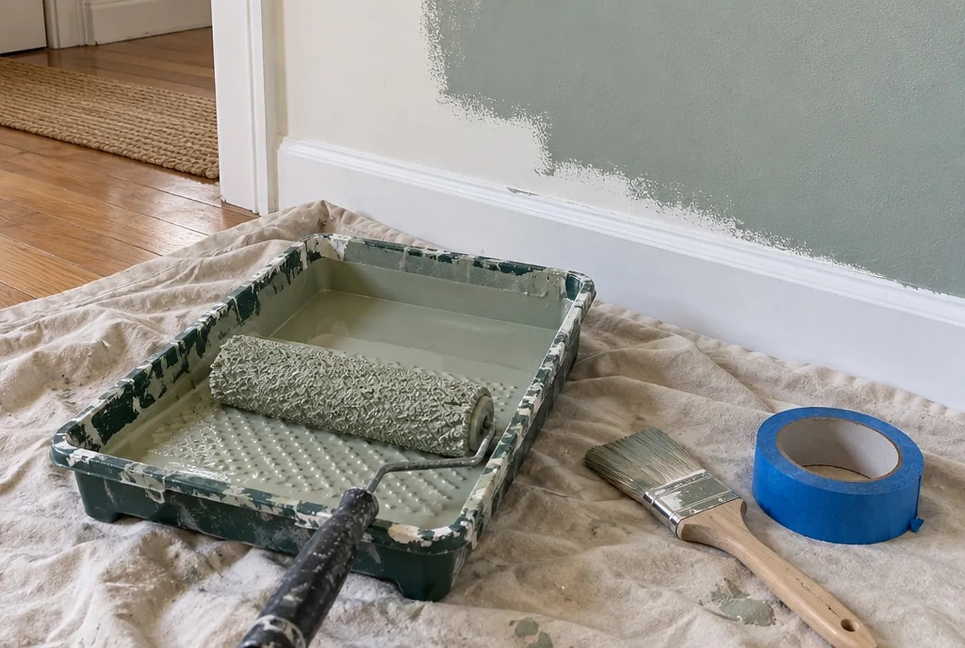 A roller in a paint tray, a sash brush and painter’s tape in front of a half-painted wall