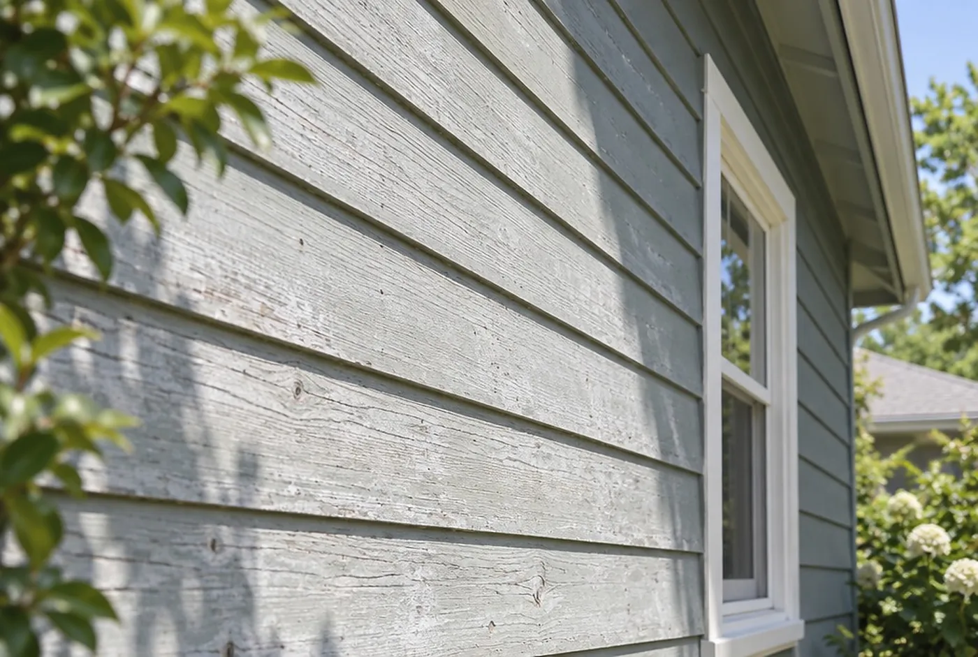 Sun-faded, chalky blue-grey wood siding on the sunny side of a house
