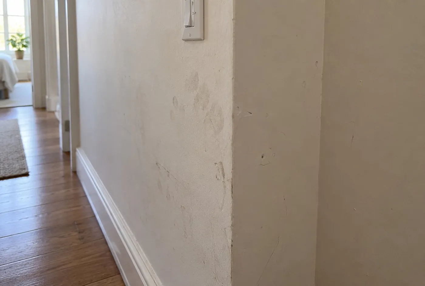 A hallway wall with scuffs and handprints at hip height near a light switch