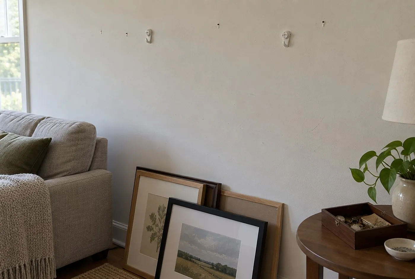 A bare wall with picture hooks, the frames stacked against a sofa