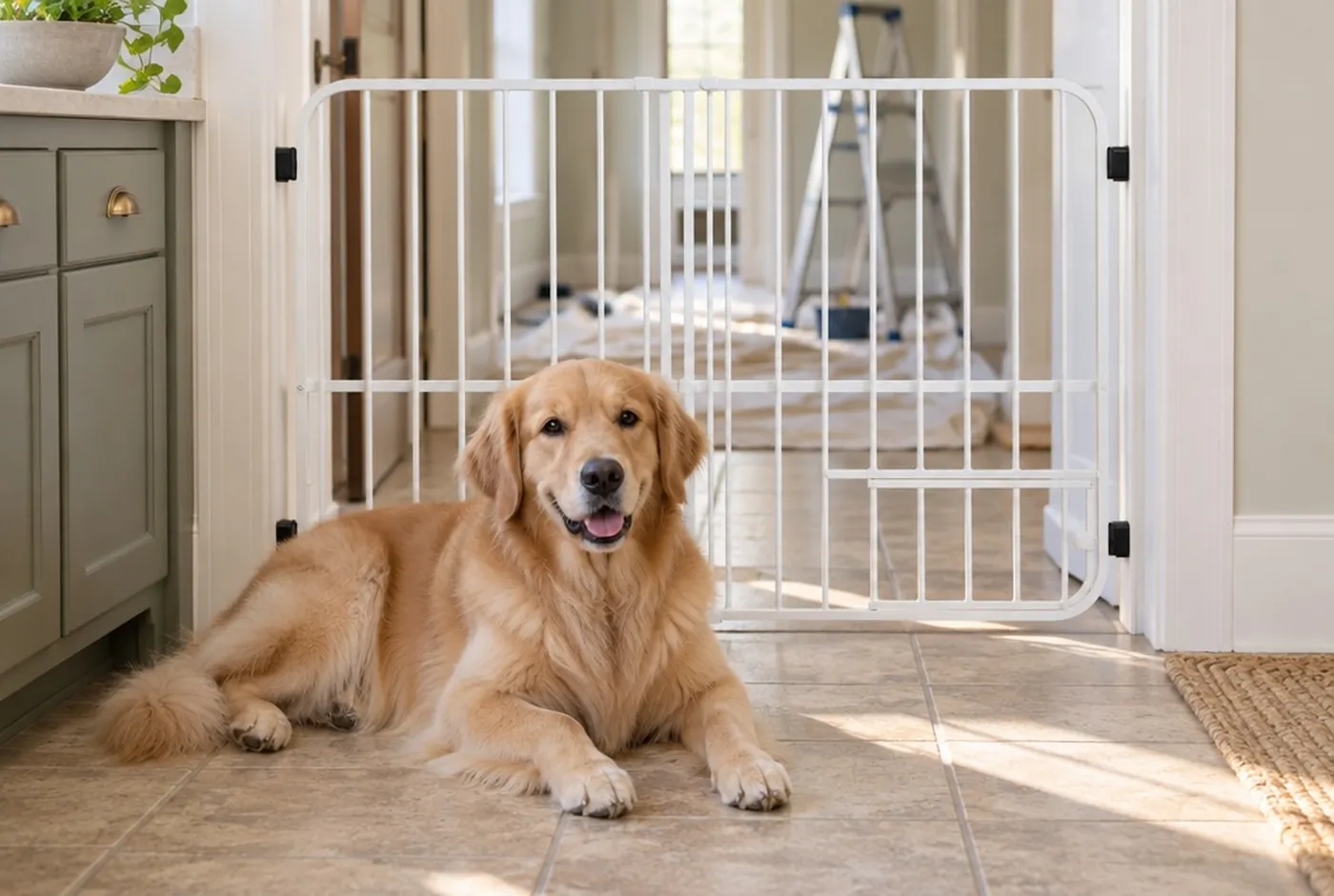 A golden retriever lying on a kitchen floor in front of a white baby gate, drop cloths and a ladder in the hall beyond