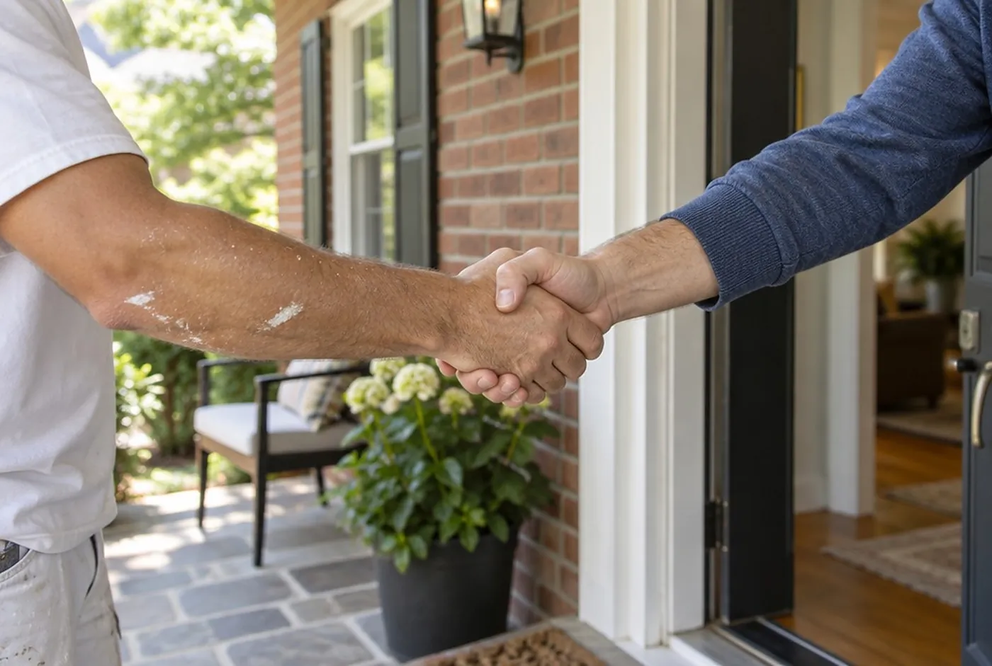 A homeowner and a painter shaking hands in a front doorway, close-up on the hands