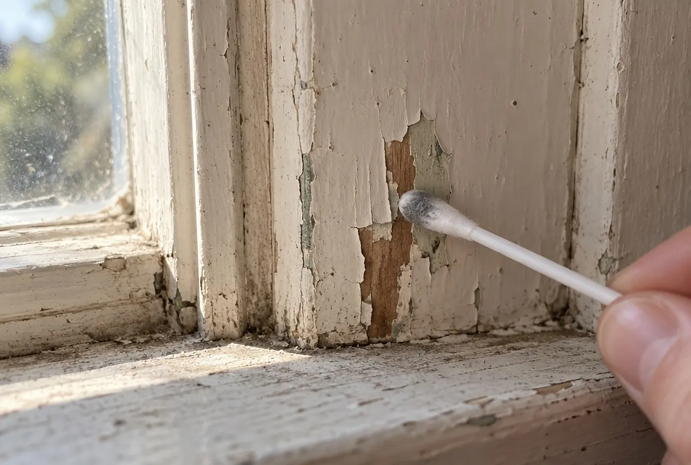 A lead test swab against chipped old paint on a window sill