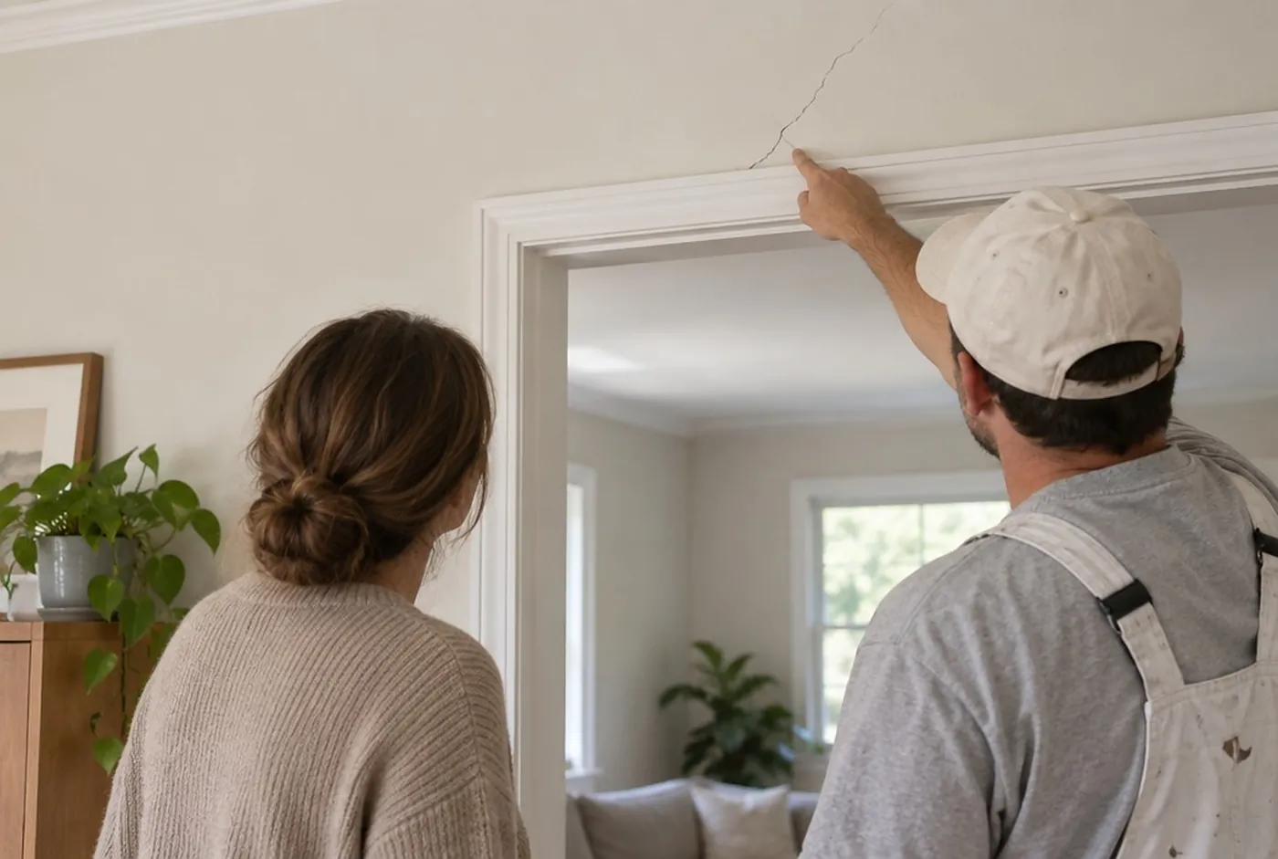 A painter pointing at a hairline crack above a doorway during a walkthrough, seen from behind