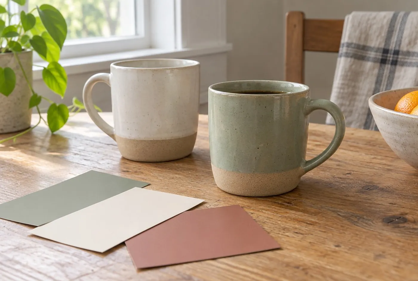 Two ceramic mugs and three paint color sample cards on a wooden kitchen table