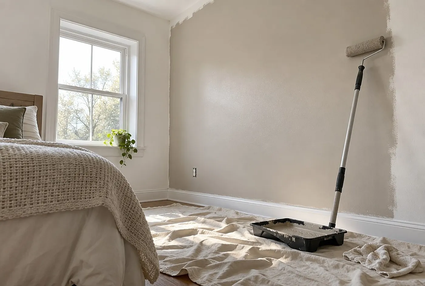 A bedroom mid-repaint: one wall rolled greige, a roller on a pole and a tray on a drop cloth