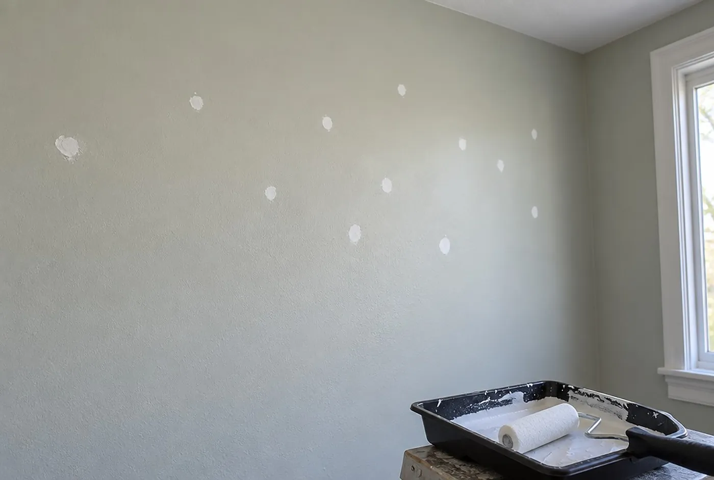 Patched nail holes on a wall, each spot-primed in white, with a small roller and a tray of primer
