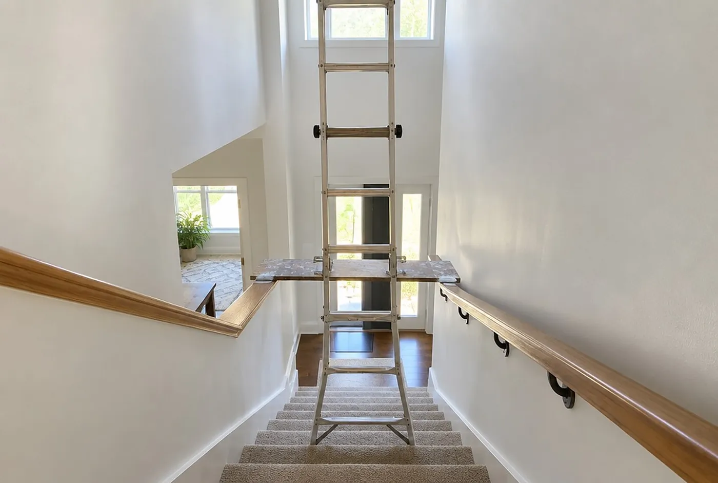 A tall stairwell with white walls and a ladder and plank set up across the stairs
