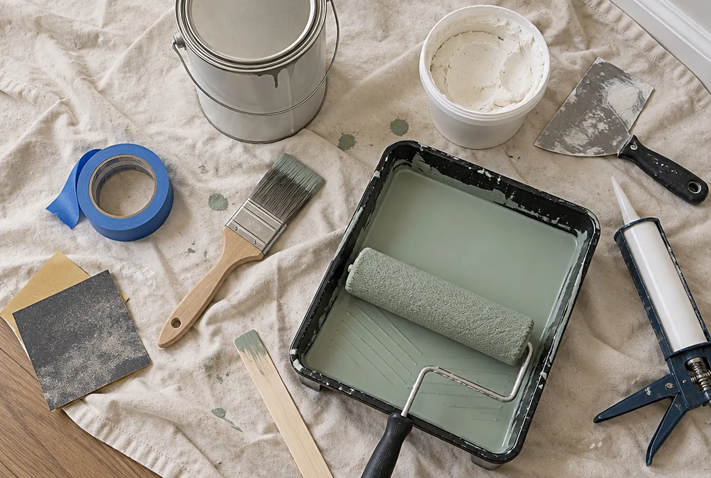 Painting supplies laid out on a drop cloth: roller and tray, angled brush, tape, putty knife, spackle, sandpaper and a gallon can