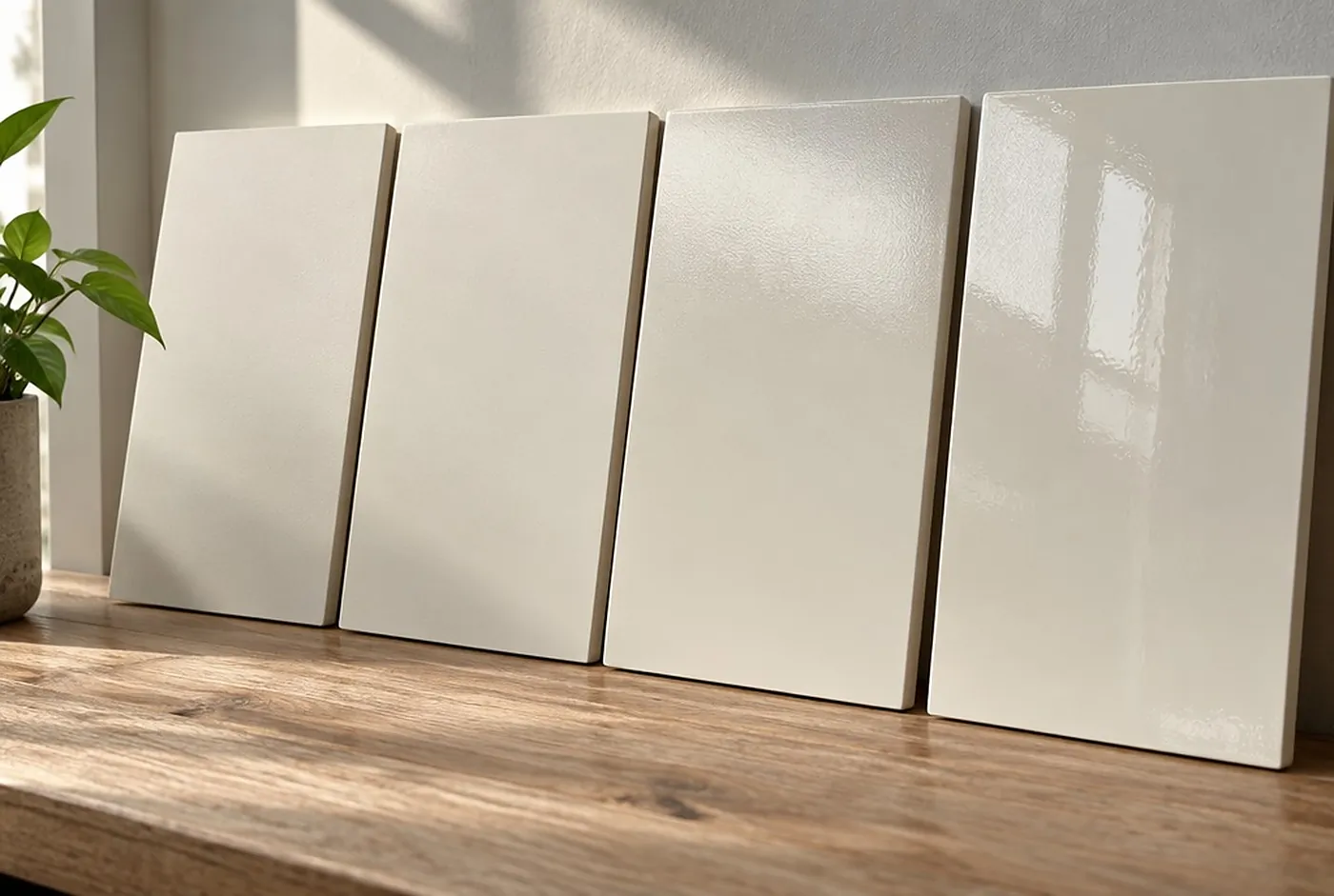 Four sample boards in one warm white, from flat to high gloss, catching the light differently