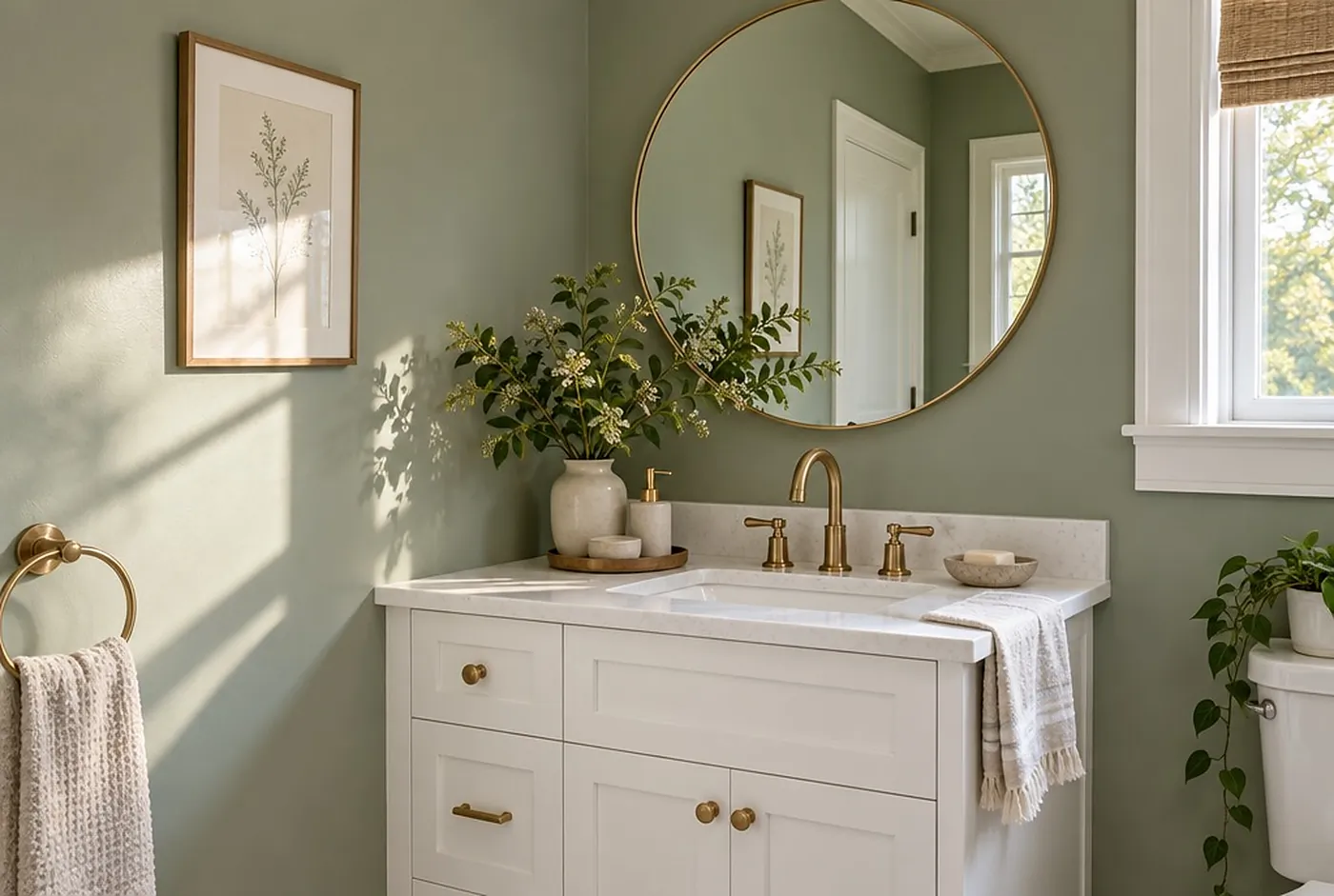 A small bathroom with sage green satin walls and white semi-gloss trim