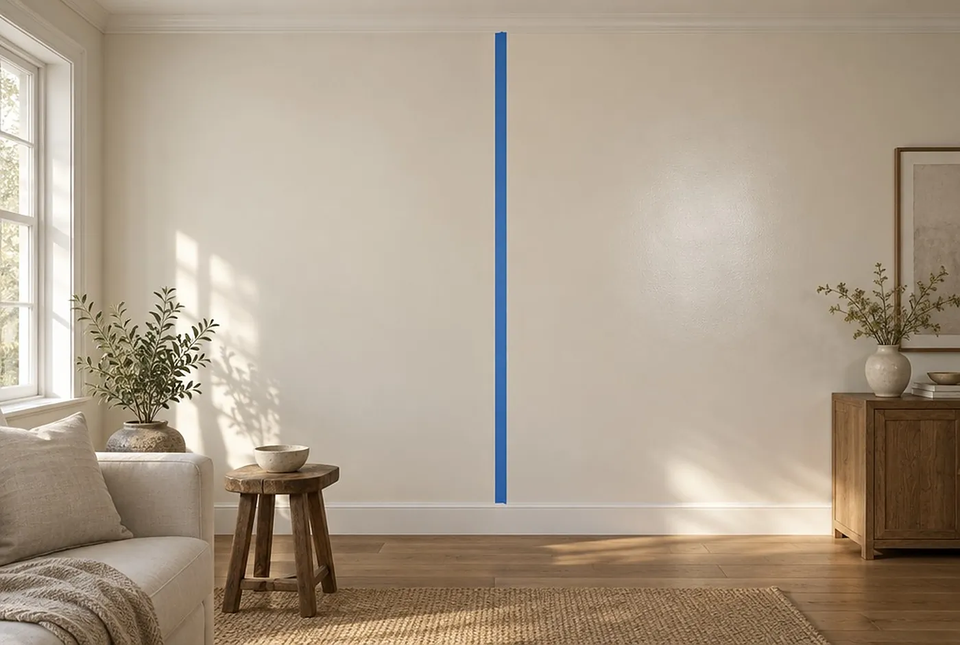 A wall painted in two halves of the same warm white, eggshell on the left and satin on the right, in side light