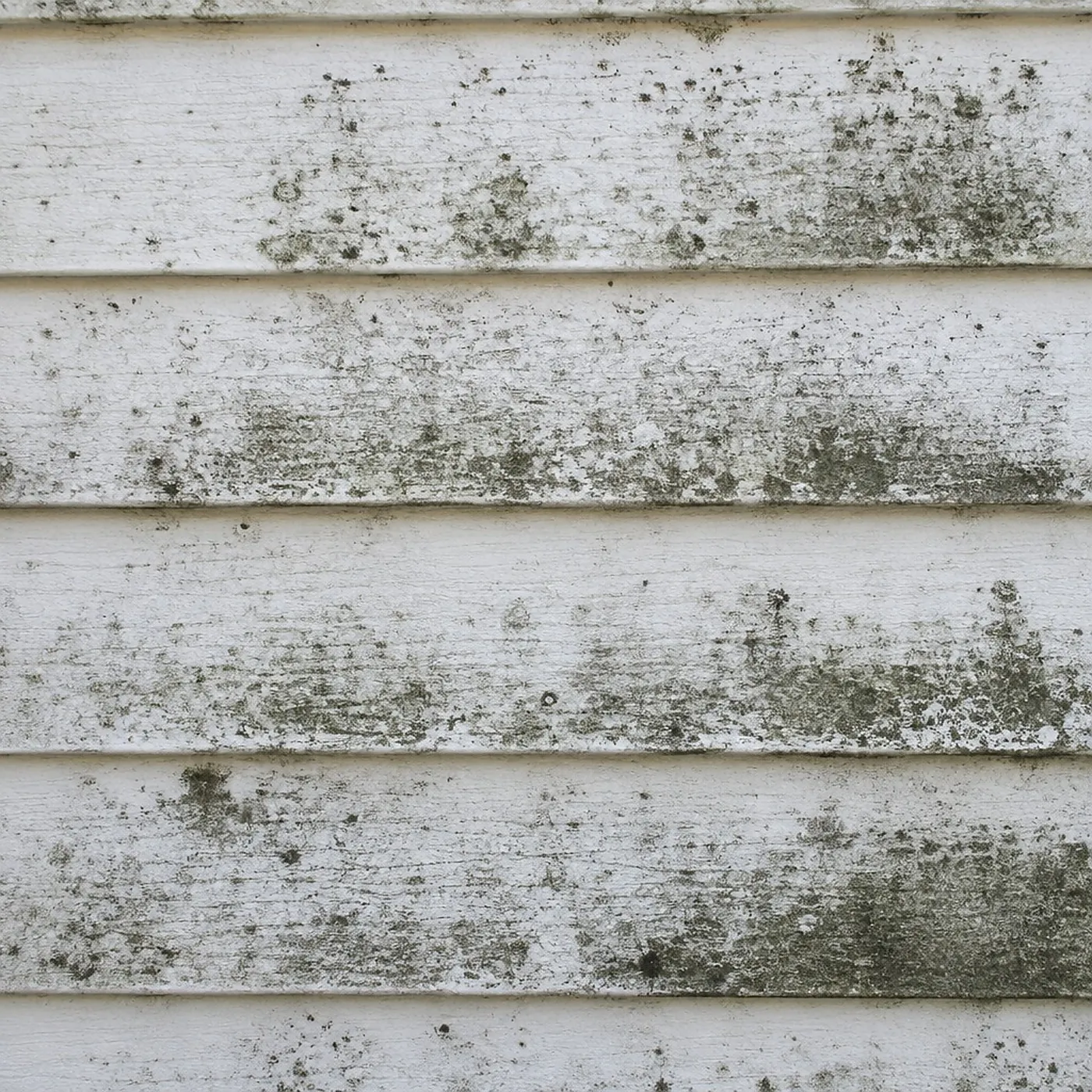 White lap siding streaked with dark mildew, the kind of grime a house wash takes off