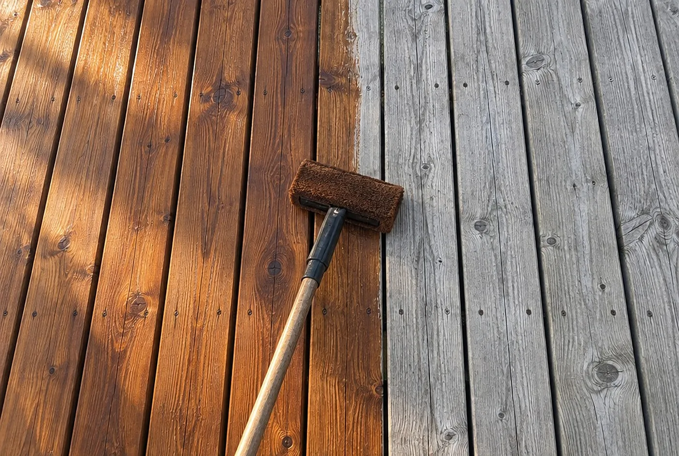 A deck half stained: weathered grey boards on one side, warm cedar on the other