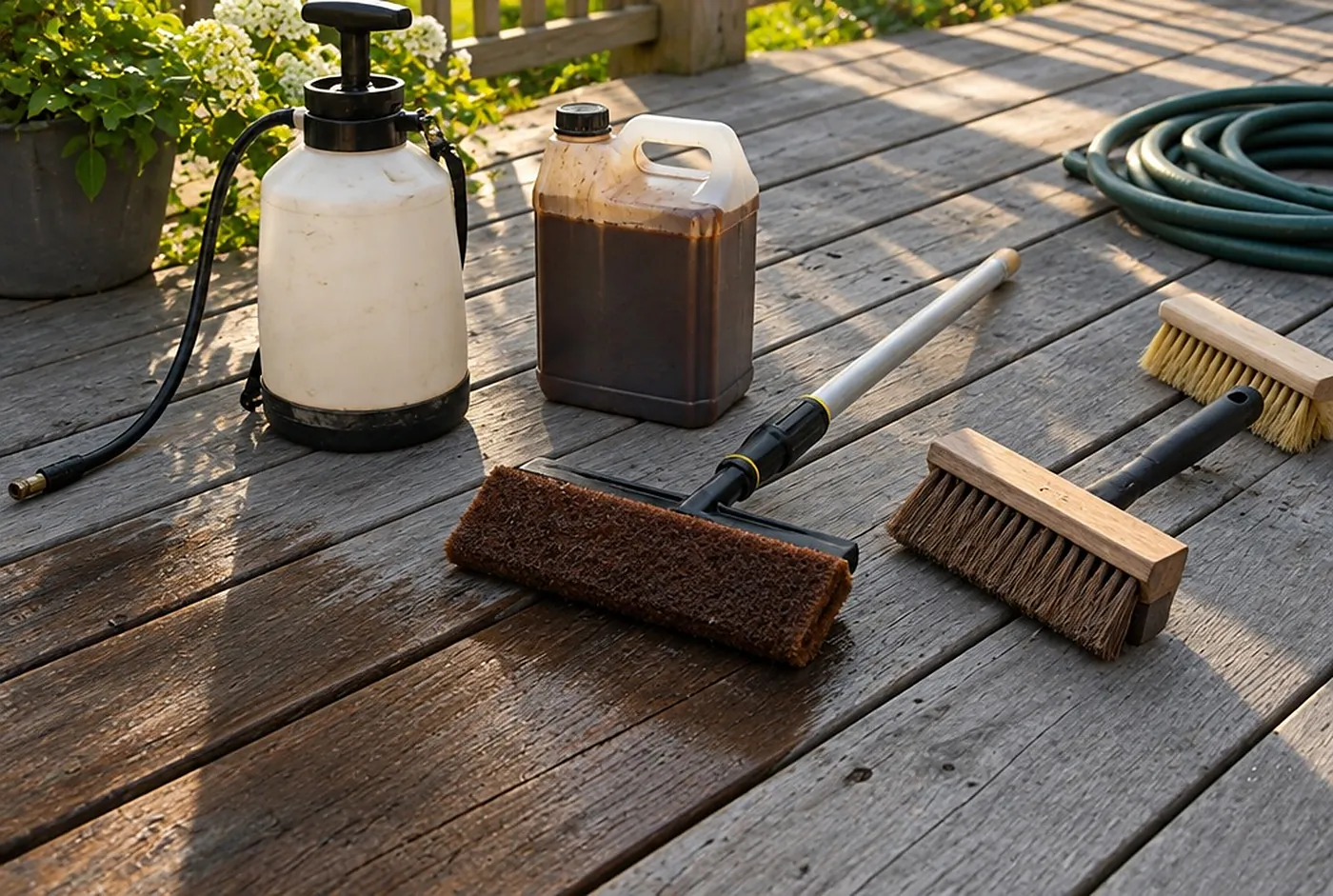 A pump sprayer, block brush, stain pad, a gallon of stain and a scrub brush on weathered deck boards
