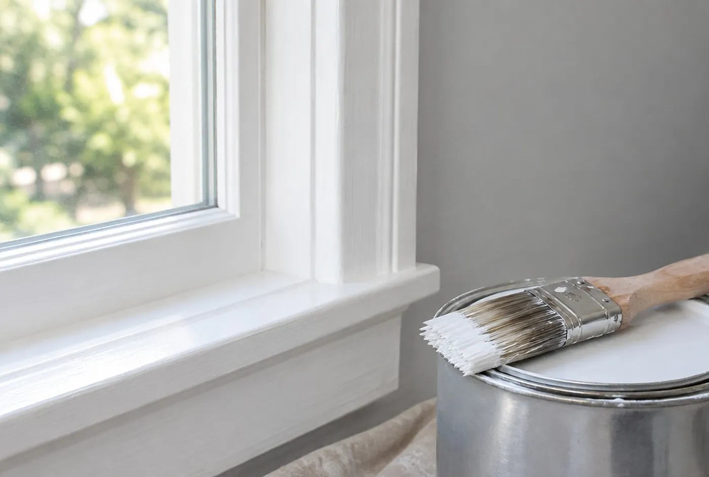 An angled brush on a paint can lid beside glossy white window trim with a straight edge