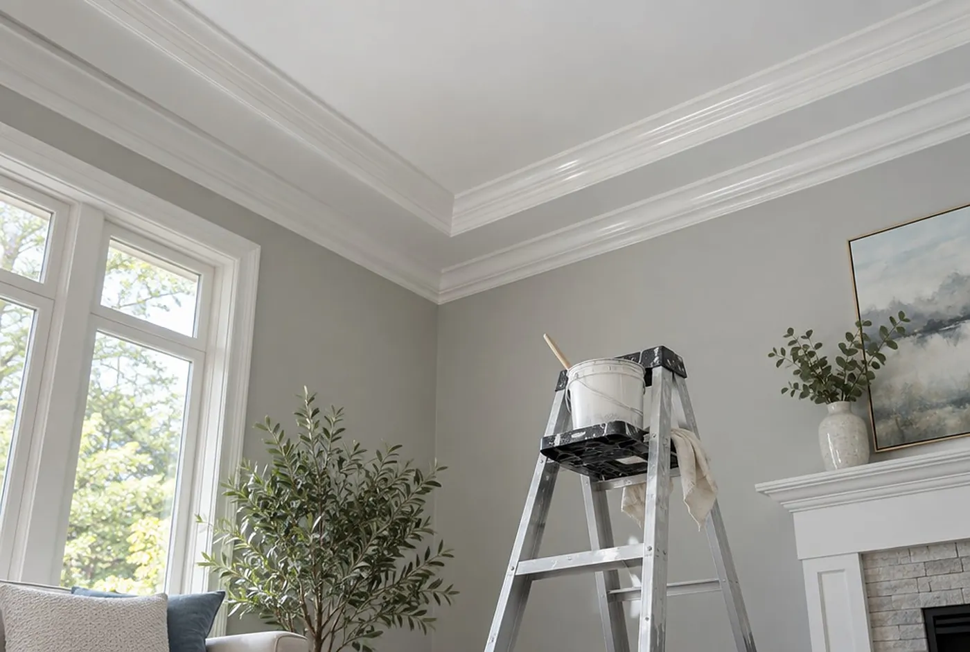 Glossy white crown molding against a grey wall in a tall living room, a ladder below