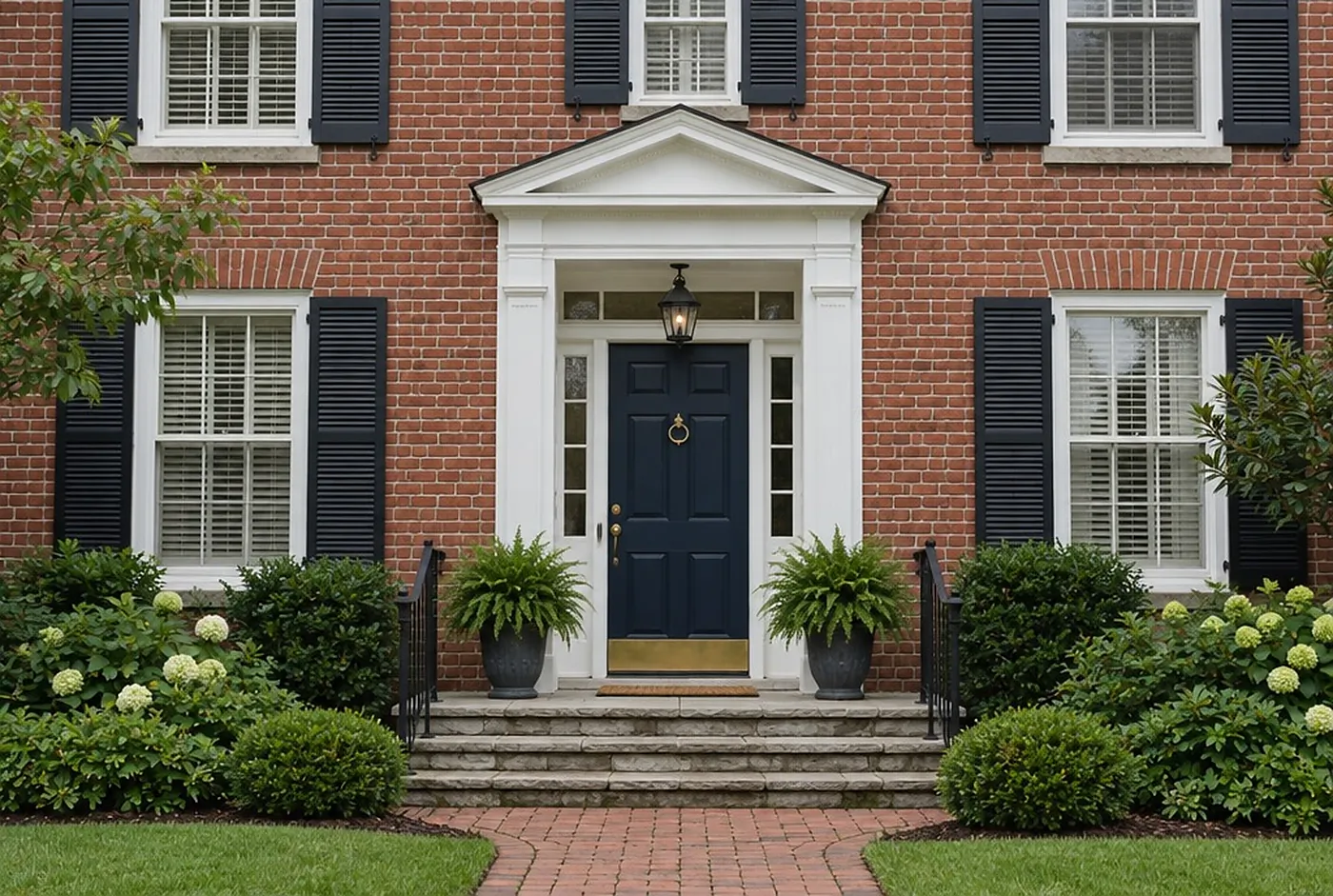 A navy front door with white trim on a red-brick house, potted ferns on the steps