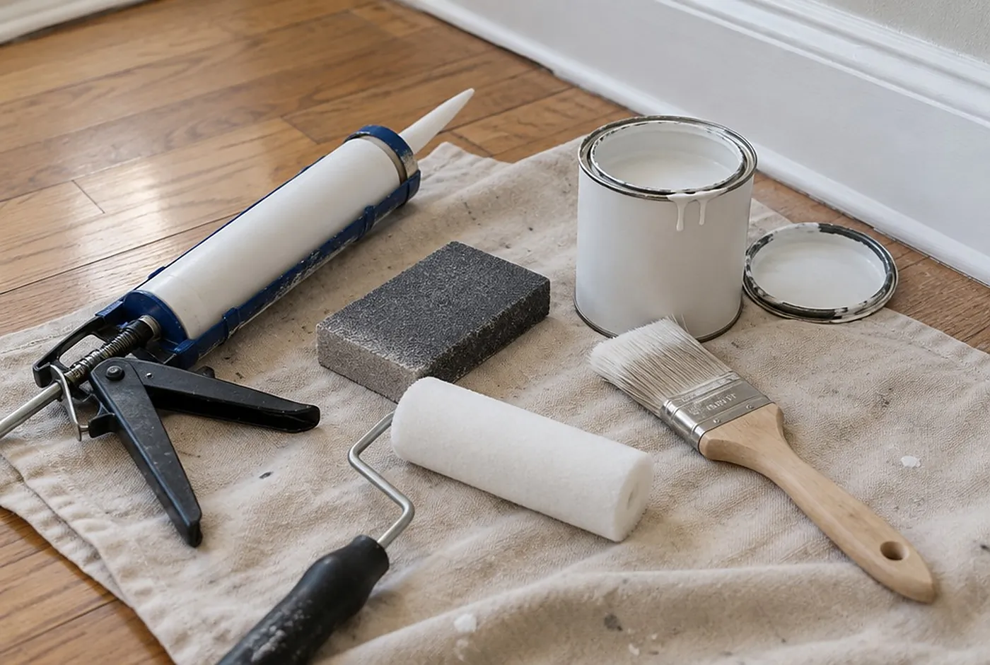 An angled sash brush, small foam roller, caulk gun, sanding sponge and a quart of white enamel on a drop cloth by a baseboard