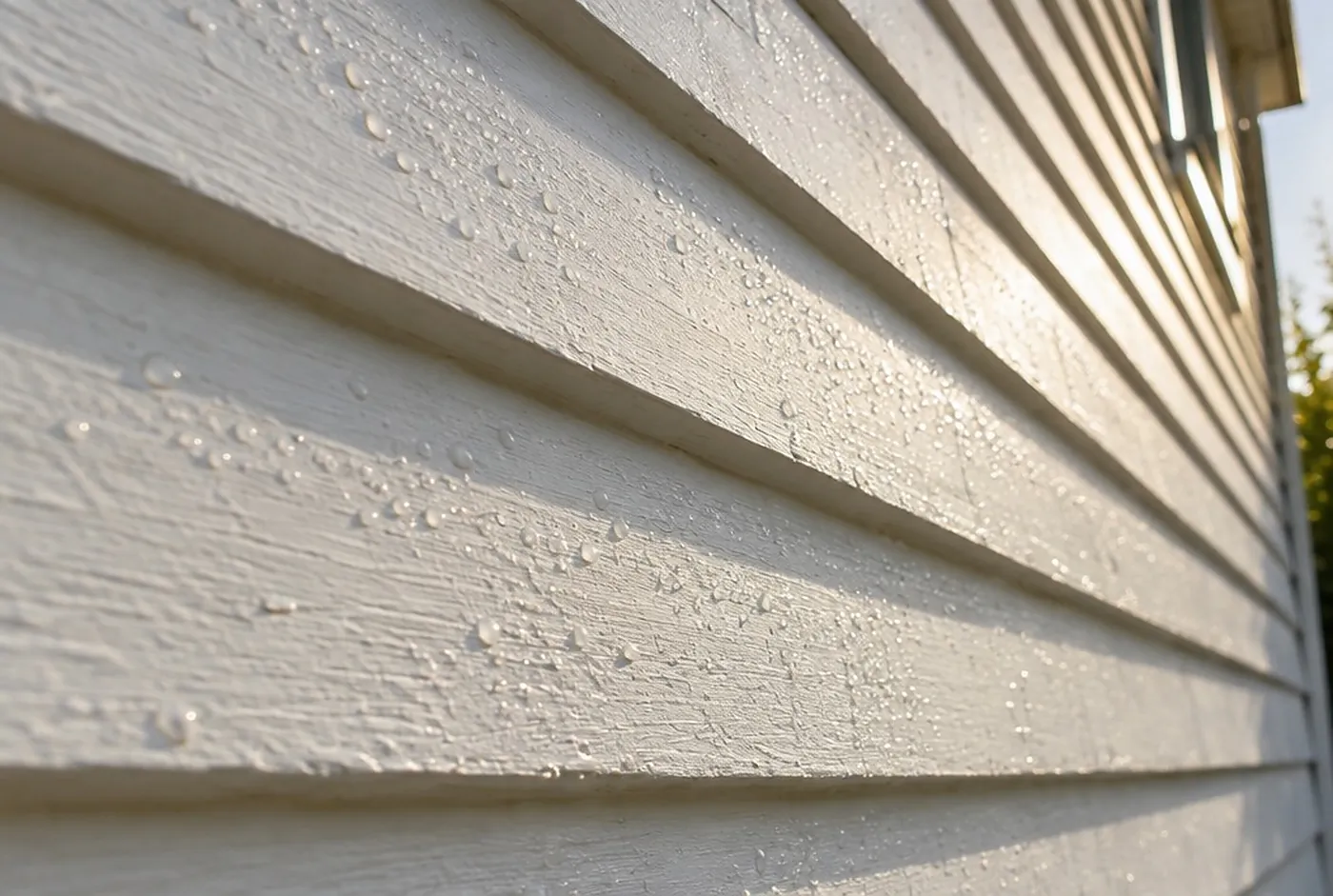 Morning dew beading on painted white wood siding