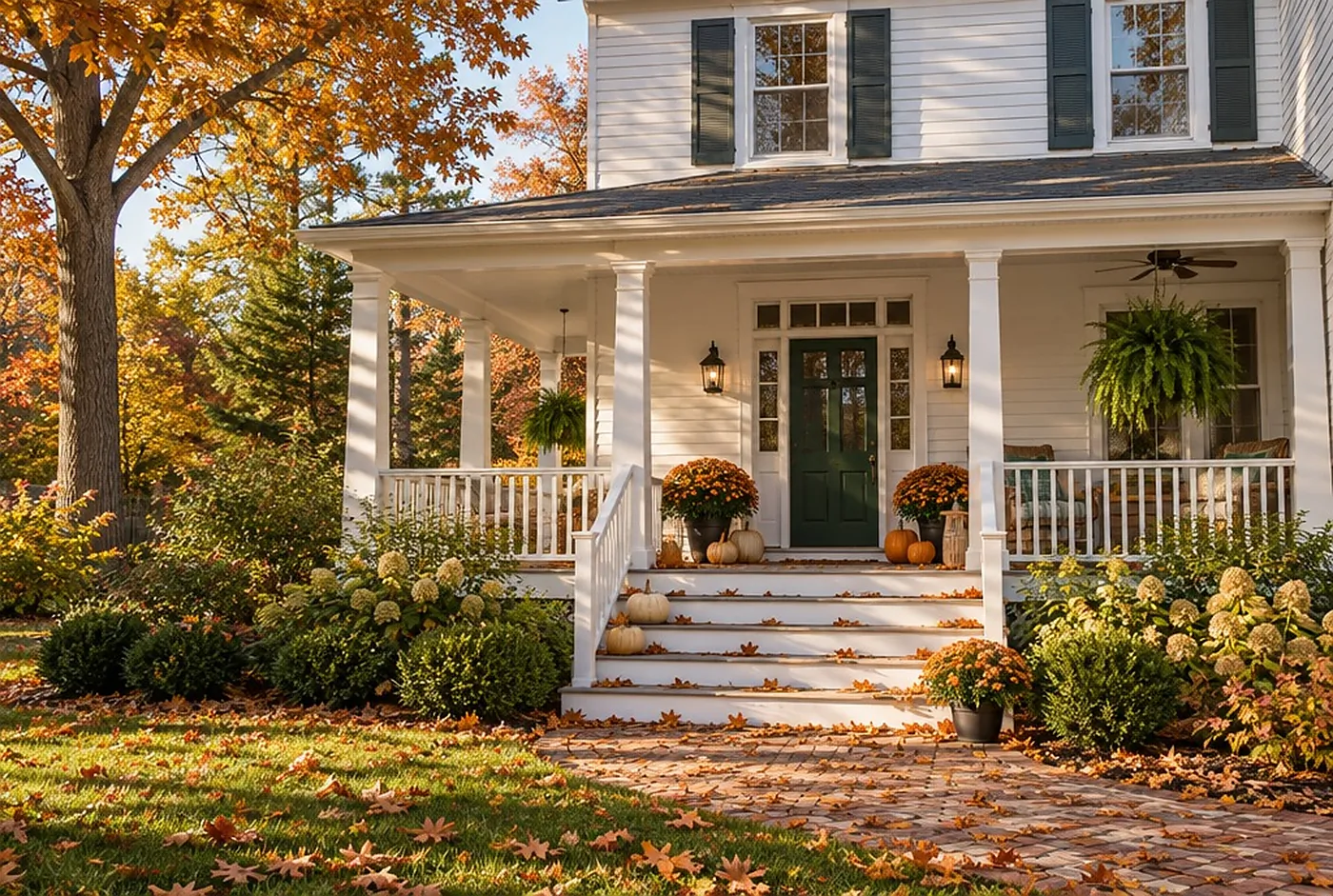 A white porch with a deep green door on a clear fall day, orange oak leaves on the steps