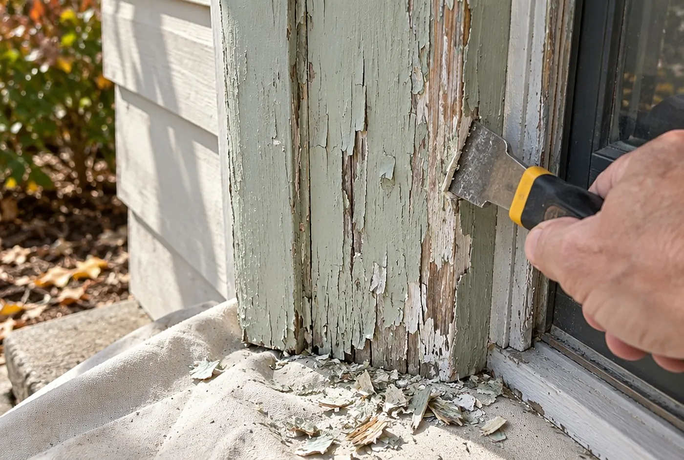 A scraper lifting loose paint from weathered wood window trim, chips falling onto a drop cloth